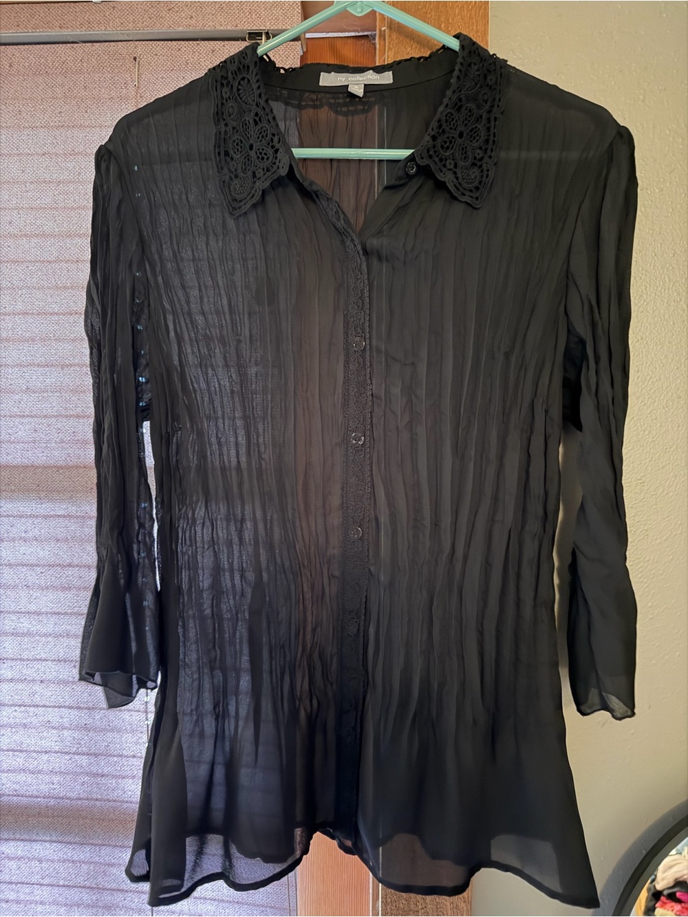 NY Collection Black Sheer Button-Down Top with Crochet Collar